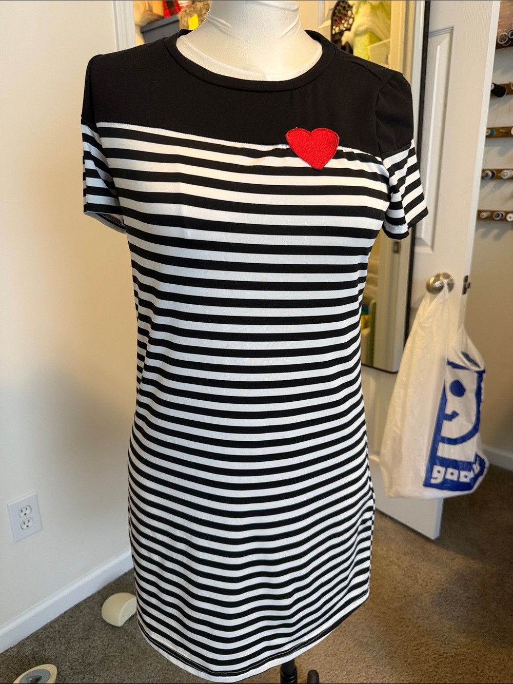 Black & White Striped Short Sleeve Dress with Red Heart